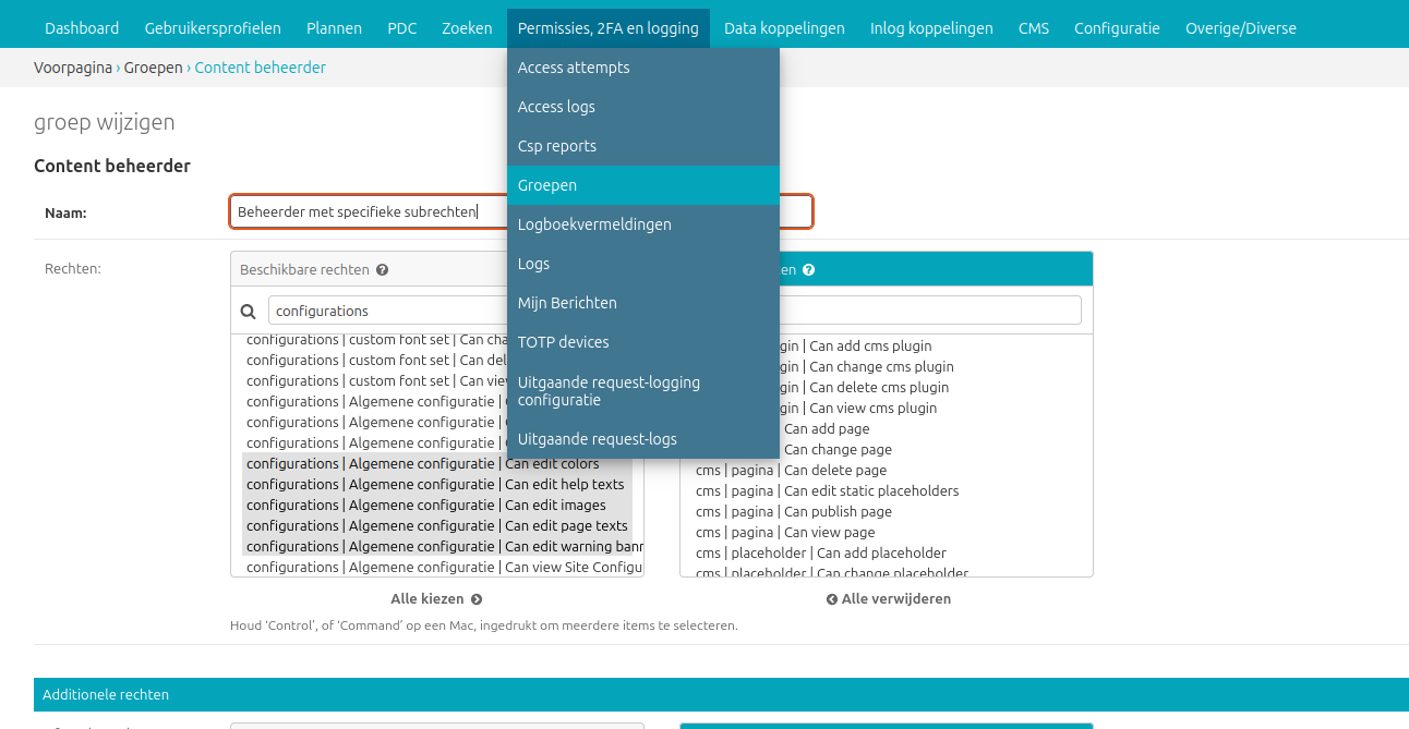 Voorbeeld van een groep met gedeeltelijke toegang rechten